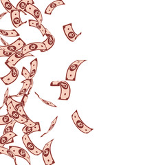 Russian ruble notes falling. Floating RUB bills on