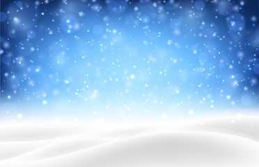 Blue shiny background with winter landscape and snow for seasonal, Christmas and New Year design.