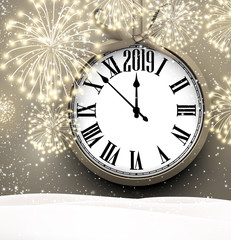 Fototapeta na wymiar 2019 New Year background with clock and fireworks.