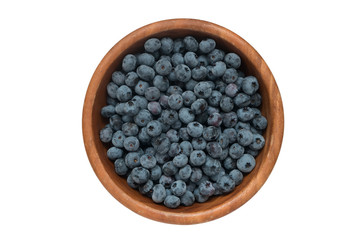 top view of blueberry in wooden bowl. isolated.