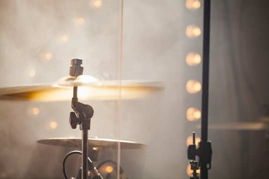 Rock drum set  with cymbals in action. Close-up