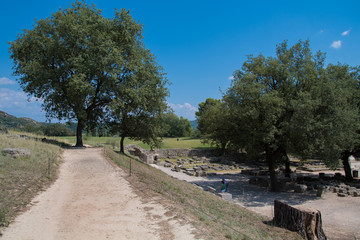 Archaeological site of Olympia in Peloponnese Greece.  In antiquity the Olympic Games originated in ancient Olympia and were held every four years, starting in 776 BC