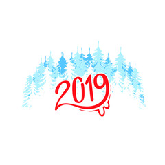 Winter forest with numbers 2019, winter decorations, vector illustration isolated on white background