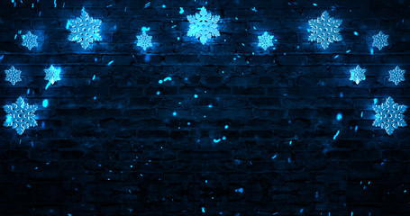 Dark background with snowflakes, old brick wall, neon light, sparks. Festive night background. 3D Rendering.