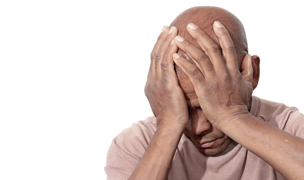 man with depression and headache pain with people stock image stock photo