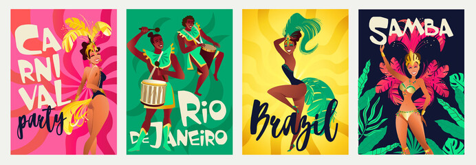 Brazilian annual carnival festival celebrations realistic colorful posters set with traditional musical instruments costumes isolated vector illustration. - obrazy, fototapety, plakaty