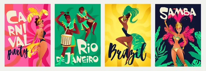 Deurstickers Brazilian annual carnival festival celebrations realistic colorful posters set with traditional musical instruments costumes isolated vector illustration. © Angelina Bambina