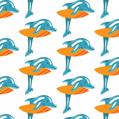 Vector hand drawn colorful pattern with illustration of dolphin with surf. Template for card, poster, banner, print for t-shirt.