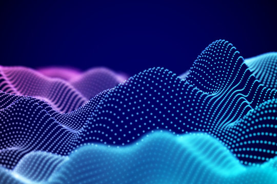 Visualization of sound waves. Abstract digital landscape or soundwaves with flowing particles. Big data technology background. Virtual reality concept: 3D digital surface. EPS 10 vector illustration.