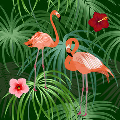 Naklejka premium Seamless pattern of flamingo, leaves monstera. Tropical leaves of palm tree and flowers.