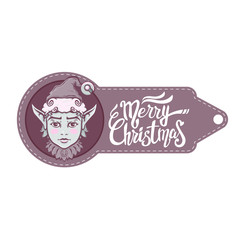 Vintage Christmas Tag with face of cute Elf, vector illustration isolated on white background