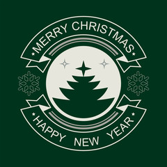 Round emblem of a light shade with the silhouette of an abstract Christmas tree.