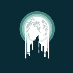 Obraz premium Cartoon night city with light white moon, flat vector illustration