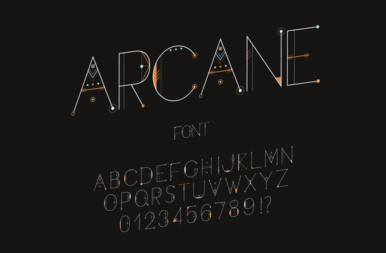 Original esoteric font, alphabet, letters and numbers. Vector Illustration