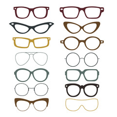 Set of different flat eyeglasses, vector set illustration isolated on white background