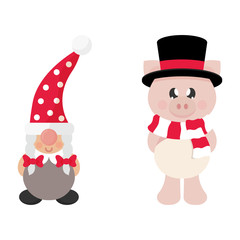 cartoon christmas dwarf girl and winter pig with scarf in hat