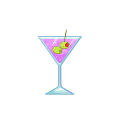 Flat cartoon glass with olives and martini, vector illustration isolated on white background, picture for bar, alcohol drink