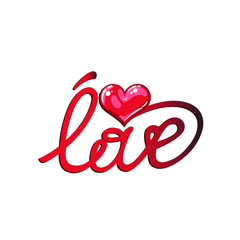 Line art text love with red beautiful heart, vector illustration isolated on white background