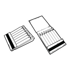 Set of matches, realistic line art sketch, vector illustration isolated on white background