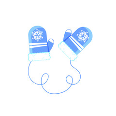 Flat cartoon pair of winter blue mitters with snowflake, vector illustration isolated on white background