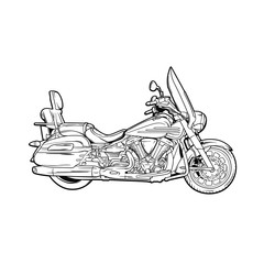 Line art realistic sketch of motorcycle, black and white version, vector illustration isolated on white background