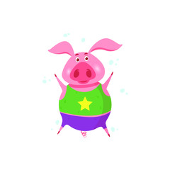 Funny and cute flat cartoon pink pig character with yellow star, vector illustration