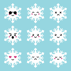 Set, collection of cute cartoon style snowflakes emoji, facial expressions for winter design.
