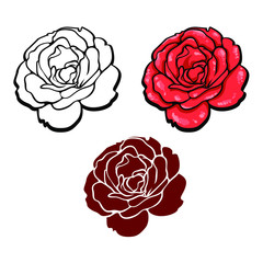 Set of three vector silhouettes of rose flowers in line art design, vector illustration of emblem