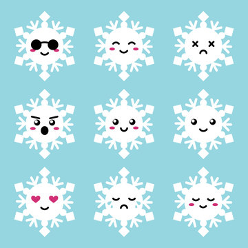 Set, collection of cute cartoon style snowflakes emoji, facial expressions for winter design.
