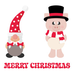 cartoon christmas dwarf girl and winter pig with scarf in hat and christmas text