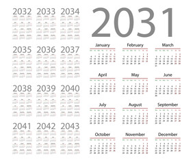 Simple calendar 2031 on white background. Vector illustration