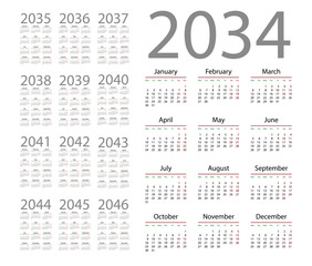 Simple calendar 2034 on white background. Vector illustration