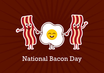 National Bacon Day vector. Bacon and egg cartoon character. Cheerful bacon with egg. American Food & Beverage Holiday. Important day