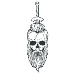 Viking skull with a sword in the head, vector illustration isolated on white background