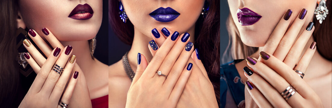 Beautiful woman with perfect make-up and blue manicure wearing jewellery. Beauty and fashion concept.