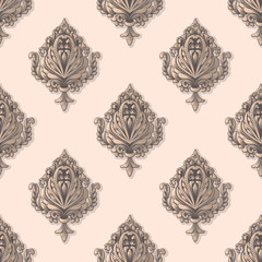 Vector damask seamless pattern background. Classical luxury old fashioned damask ornament, royal victorian seamless texture for wallpapers, textile, wrapping. Exquisite floral baroque template.