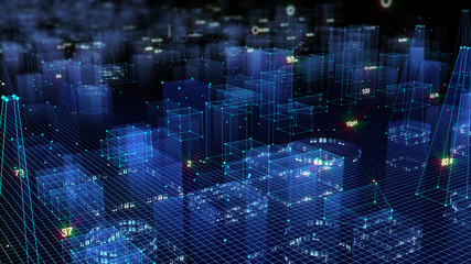 3D Rendering technological digital background consisting of a futuristic city with data