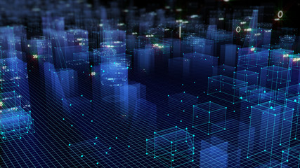 3D Rendering technological digital background consisting of a futuristic city with data © Vitaly