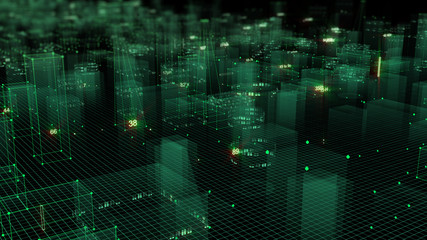 3D Rendering technological digital background consisting of a futuristic city with data