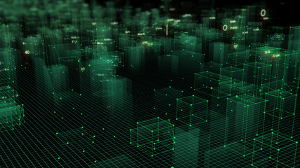 3D Rendering technological digital background consisting of a futuristic city with data