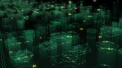 3D Rendering technological digital background consisting of a futuristic city with data