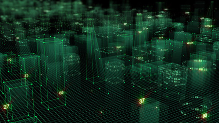 Fototapeta na wymiar 3D Rendering technological digital background consisting of a futuristic city with data