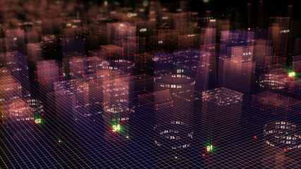 3D Rendering technological digital background consisting of a futuristic city with data