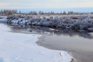 Beautiful winter landscape, frost on the branches of trees, the first snow,