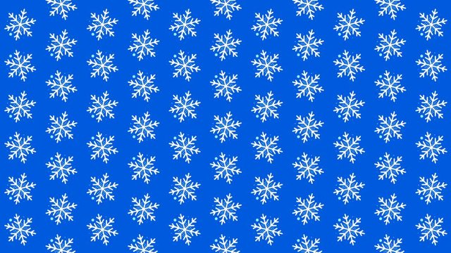 Seamless pattern falling glowing geometric snowflakes on blue background. Looped video.