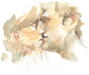 Kissing couple portrait watercolor art illustration, painted, painting