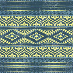 Seamless striped vintage pattern. Tribal and ethnic motifs. Ornament in blue and yellow colors. Vector illustration.