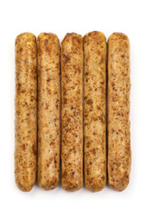 Tasty Spicy Grilled Sausages, isolated on a white background. Top view