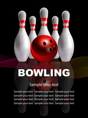 Bowling. Skittles and a red ball with a mirror image on the glass. Night image. Realistic vector poster.