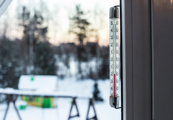 Cold wave in Europe in winter 2018. Oldschool outdoor thermometer showing -18 degrees cold.